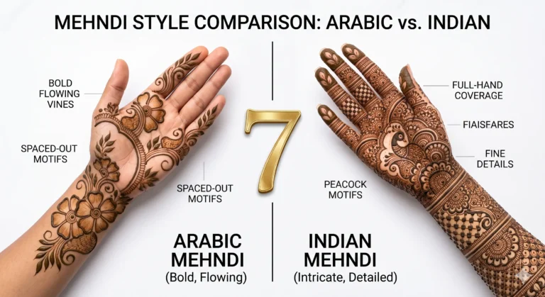 Arabic vs Indian mehndi split screen comparison showing 7 key differences - bold floral Arabic designs on left, intricate traditional Indian mehndi with peacock motifs on right