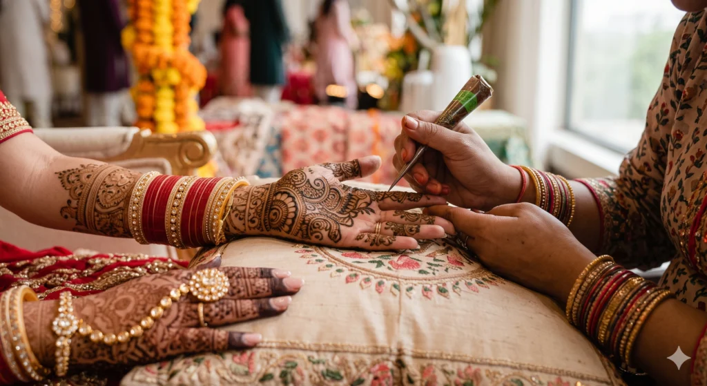 Professional bridal mehndi artist in Gurgaon creating an intricate henna design on a bride's hands for a wedding ceremony.