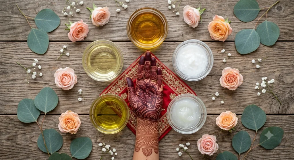 Best oils after mehndi including coconut, mustard, and olive oil for a darker, long-lasting henna stain.