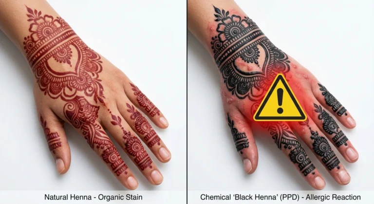 Black Mehndi vs Natural Mehndi comparison – side by side skin stain test