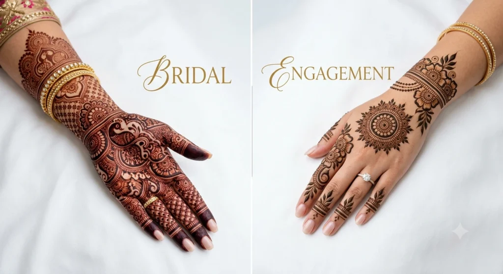 Bridal vs engagement mehndi comparison - heavy intricate bridal mehndi on left with full coverage, elegant engagement mehndi on right with bold floral patterns