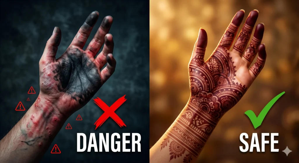 Chemical mehndi vs natural henna comparison showing dangerous black chemical stain on left with skin irritation and safe natural maroon henna on right
