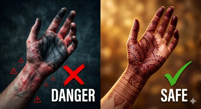 Chemical mehndi vs natural henna comparison showing dangerous black chemical stain on left with skin irritation and safe natural maroon henna on right