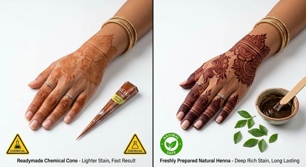 Cone Mehndi vs Fresh Henna comparison showing color, consistency, and safety differences on hands