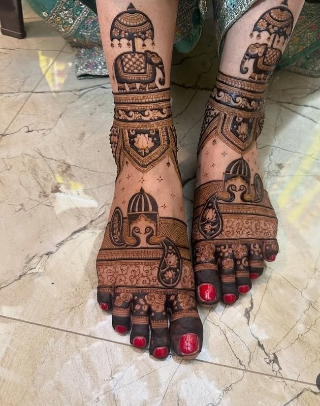 elephent Bridal Feet Mehndi Design with Floral Patterns mehndi design