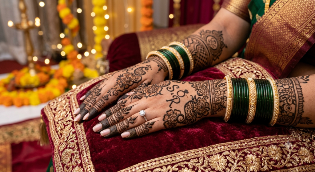 Bride showing engagement ring with beautiful mehndi design on hand