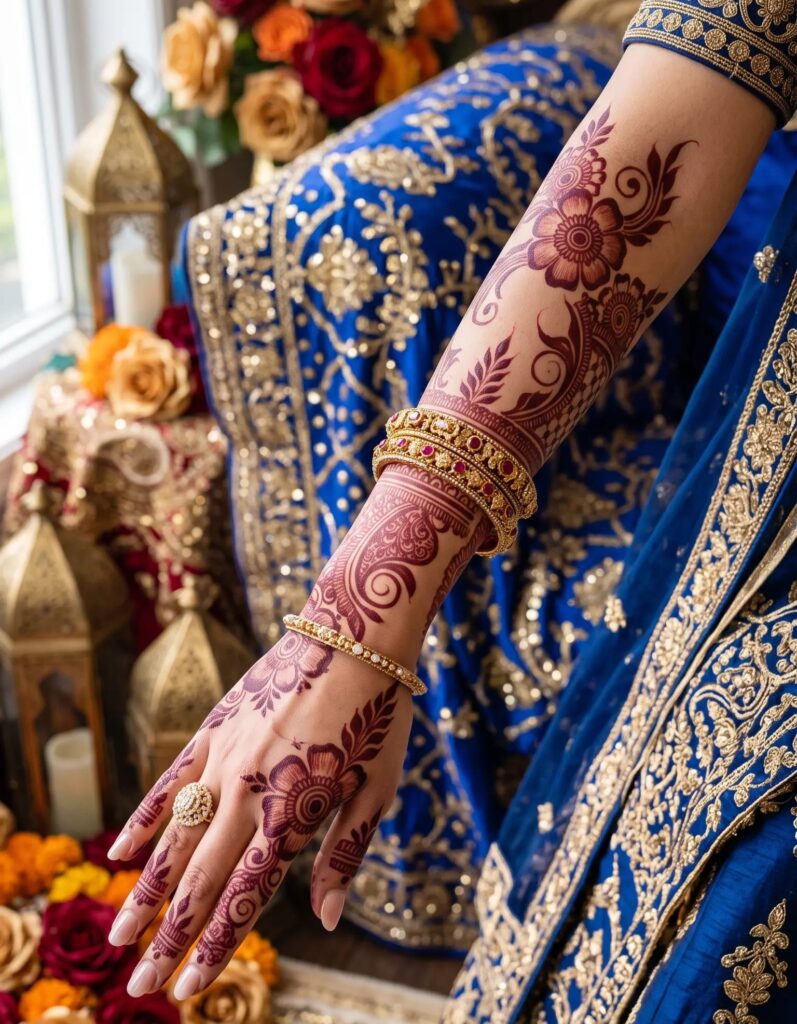 Engagement mehndi design featuring hidden groom initials with intricate floral vines and personalized bridal henna patterns.