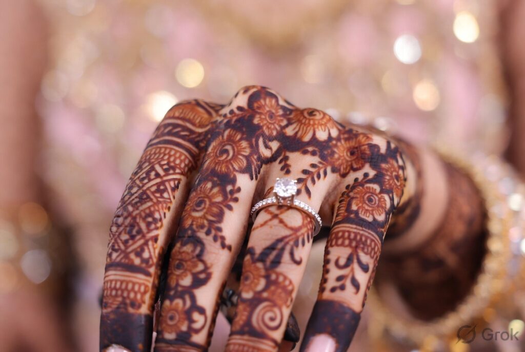 Close-up of a beautiful Indian bride’s hands adorned with intricate floral and geometric mehndi design, featuring a sparkling diamond engagement ring on the ring finger, soft romantic lighting with pastel pink and gold background