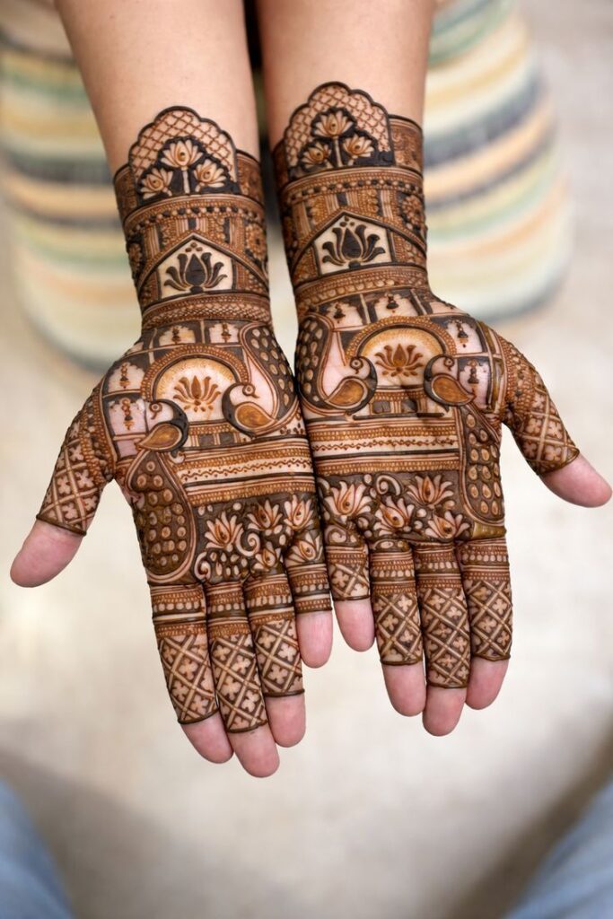 Minimalist Arabic engagement mehndi design for bride with bold floral outlines.