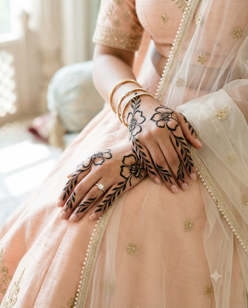 Modern engagement mehndi design for bride with Arabic floral and paisley patterns on hands.