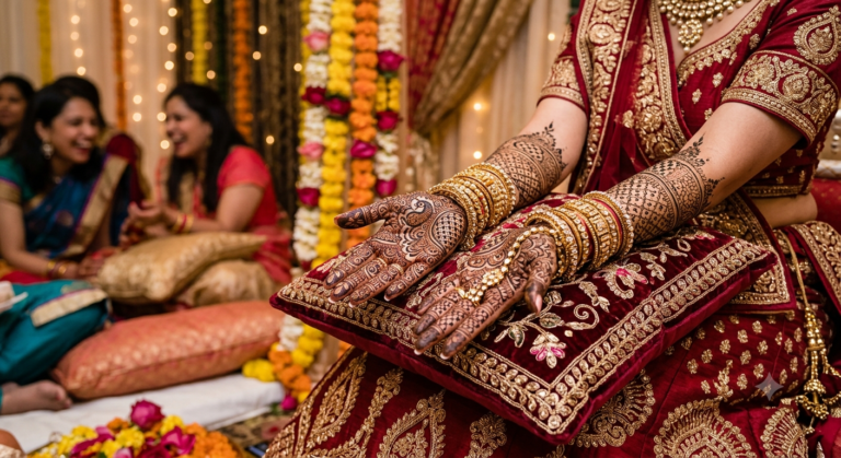Traditional bridal full-hand mehndi design with peacock and paisley motifs