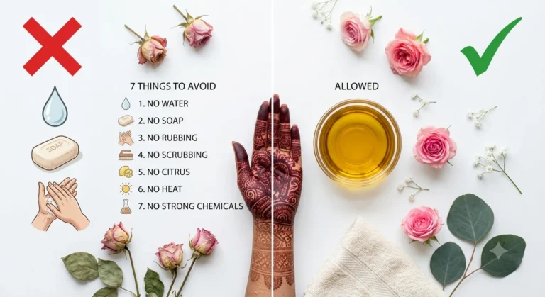 What to avoid after applying mehndi including water, soap, and heat to keep henna stain dark and long-lasting