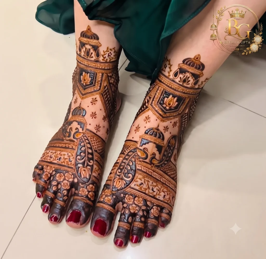 Arabic feet mehndi design featuring mosque-inspired motifs, floral detailing and elegant traditional artwork by Beeru Gupta Mehndi Artist.