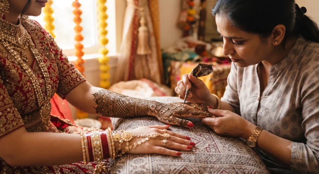 Professional bridal mehndi artist near me applying elaborate traditional Indian henna design with paisley patterns and floral motifs on a bride's hands during wedding preparation