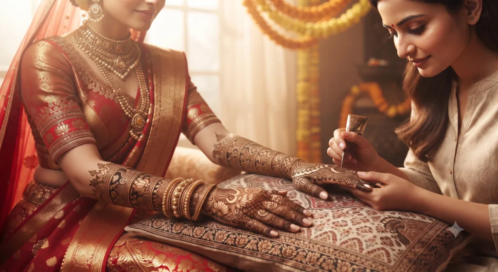 Professional bridal mehndi artist near me applying intricate traditional Indian henna design with paisley and floral patterns on bride's hands during wedding preparation