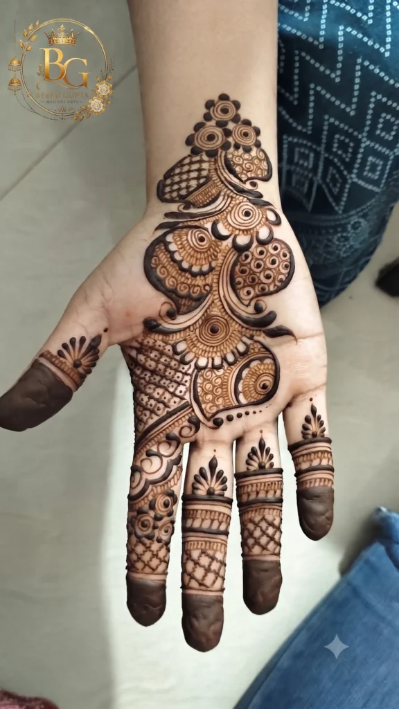 Easy Arabic front hand mehndi design with paisley, floral motifs, and finger detailing.
