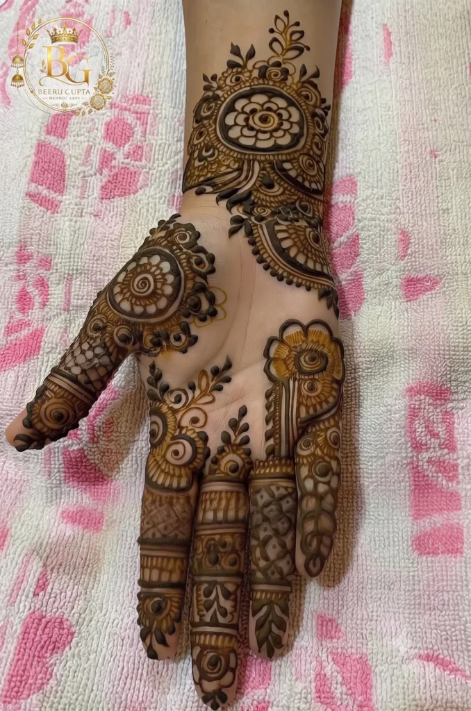 Easy floral one hand mehndi design with mandala and traditional patterns