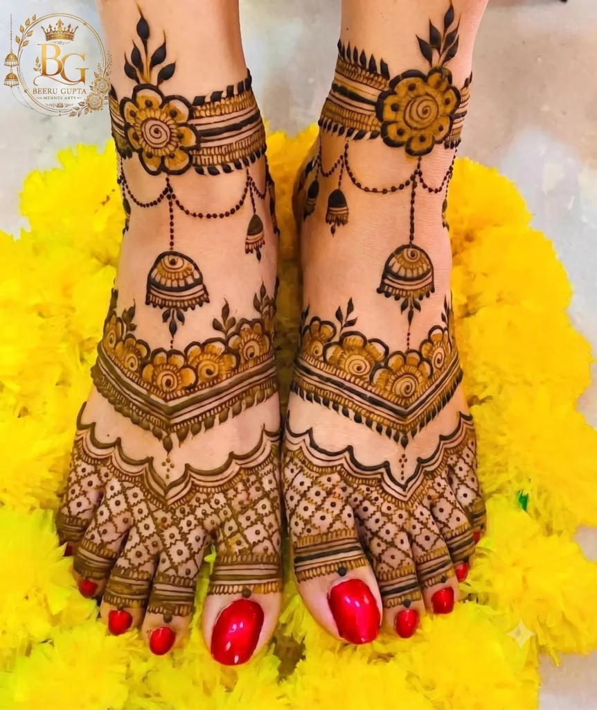 Floral anklet style foot mehndi design with hanging charm patterns for brides.