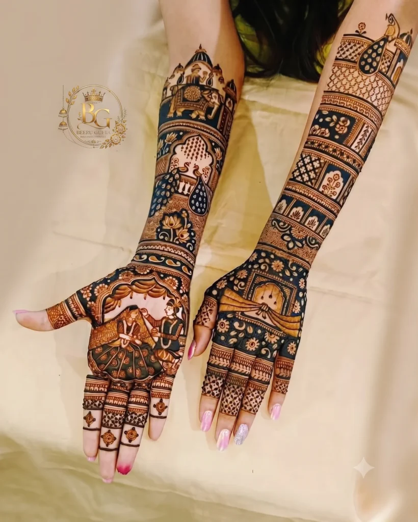 Full bridal mehndi design featuring bride and groom portraits, palace architecture, peacock motifs and intricate traditional patterns by Beeru Gupta Mehndi Artist.