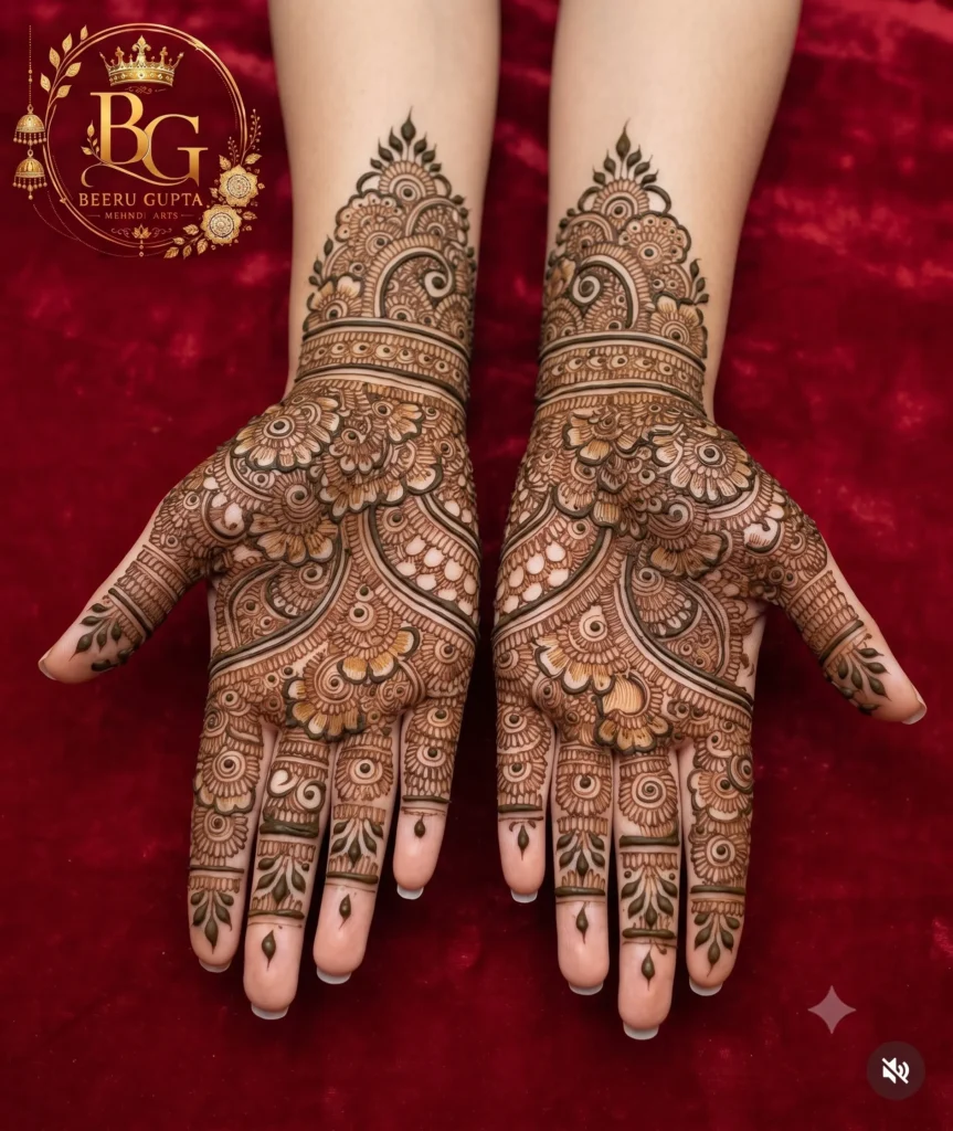 Heavy bridal mehndi design for full palms with floral and paisley artwork