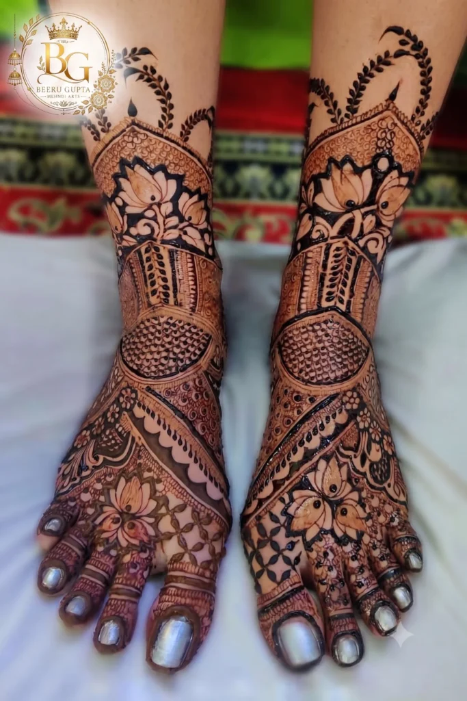 Elegant lotus floral foot mehndi design for bridal feet with detailed traditional patterns.