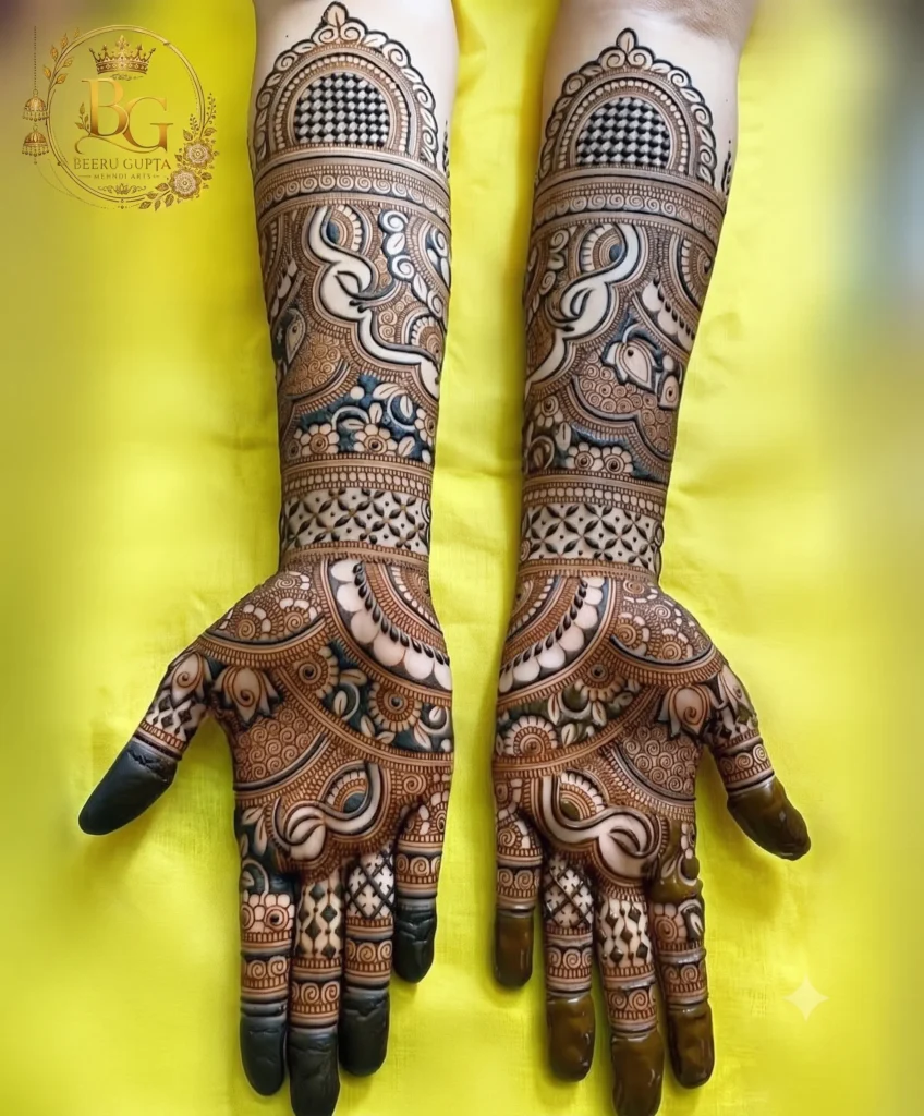 Modern Arabic fusion full hand mehndi design with floral and curved traditional patterns.