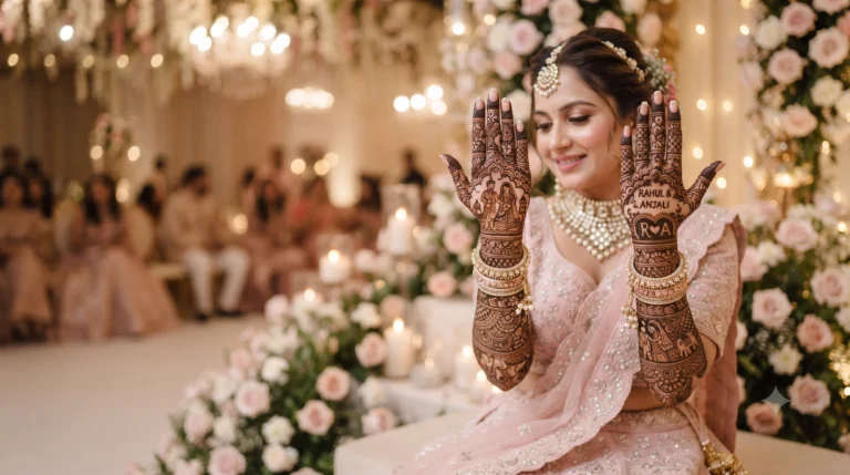 Luxury personalized bridal mehndi design featuring a bride and groom portrait, couple names, intricate floral patterns, and full hand bridal henna for an Indian wedding.