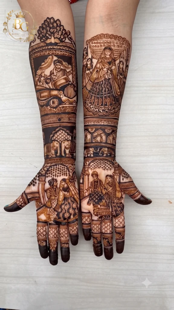 Traditional Rajasthani bridal mehndi design featuring bride and groom scenes, royal elephant artwork and intricate wedding details.