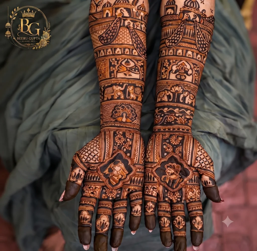 Royal bride groom story bridal mehndi design with palace and peacock artwork.