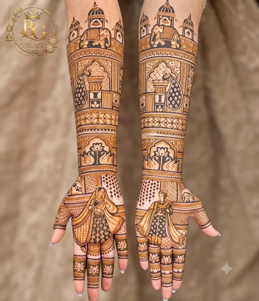 Royal elephant palace bridal mehndi design with palace architecture and intricate full hand artwork.