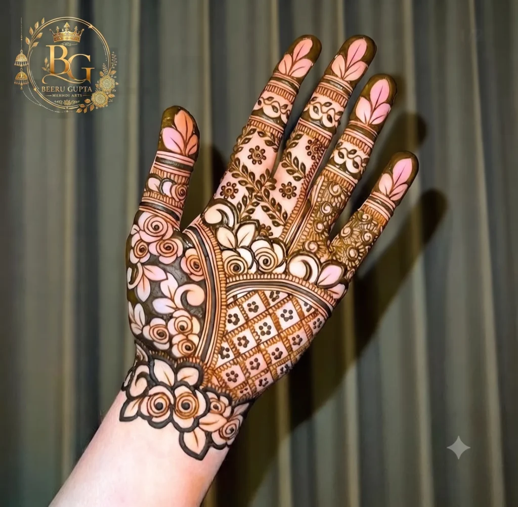 Simple front hand mehndi design with floral pattern and stylish finger mehndi.