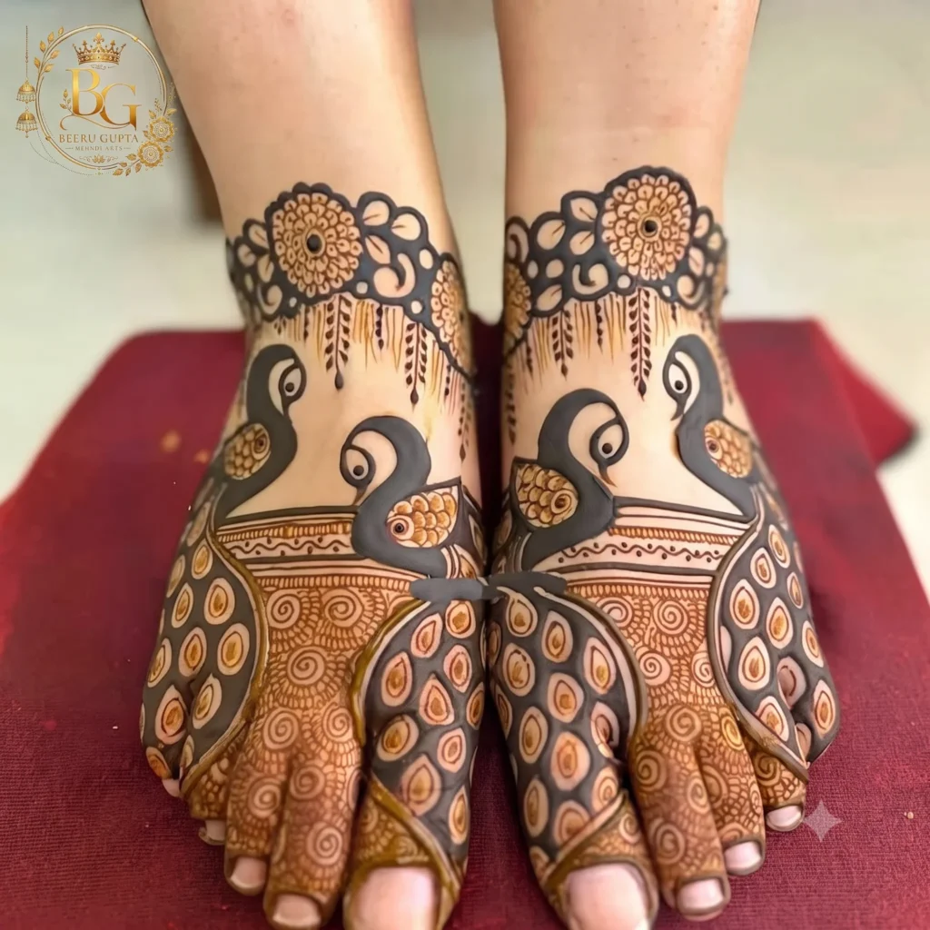 Simple peacock feet mehndi design with elegant floral borders and traditional detailing for brides and festive occasions.