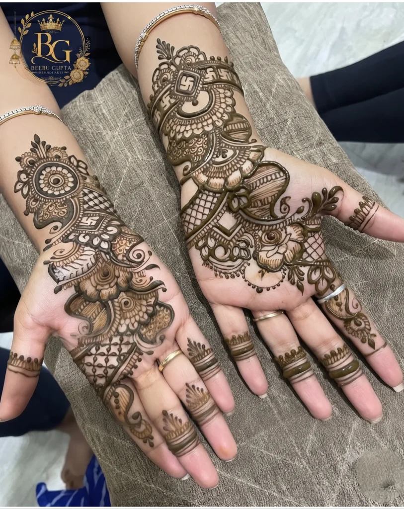 Stylish Arabic front hand mehndi design with floral and paisley patterns.