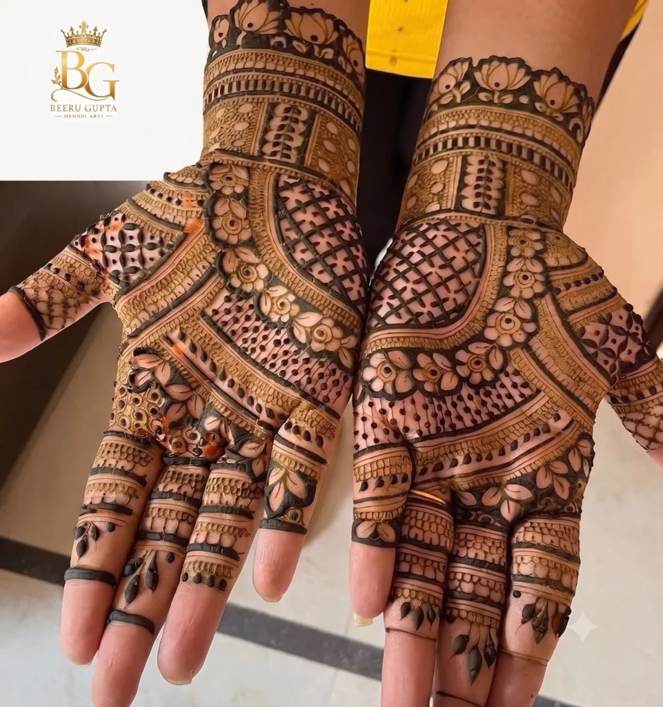 Traditional full hand bridal mehndi design with floral borders and jaal work
