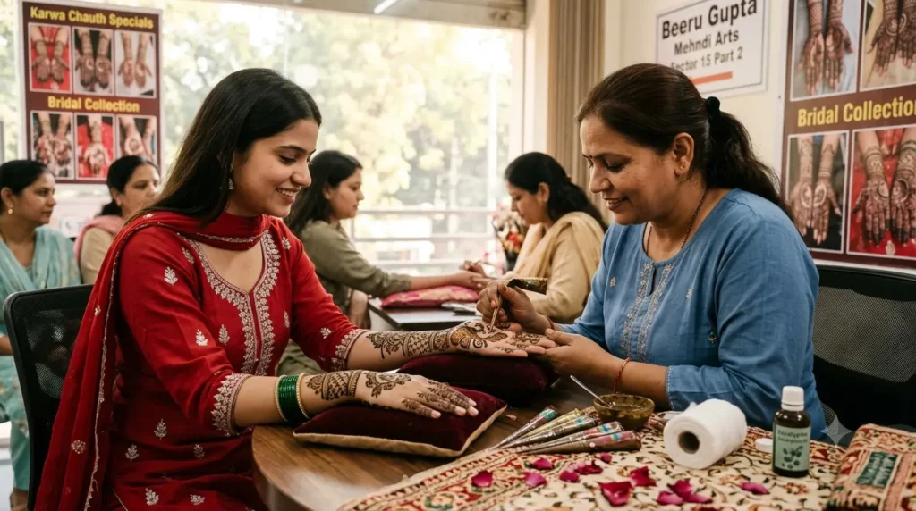 Best Karwa Chauth Mehndi Artist in Gurgaon applying detailed festive henna at Beeru Gupta Mehndi Arts Sector 15