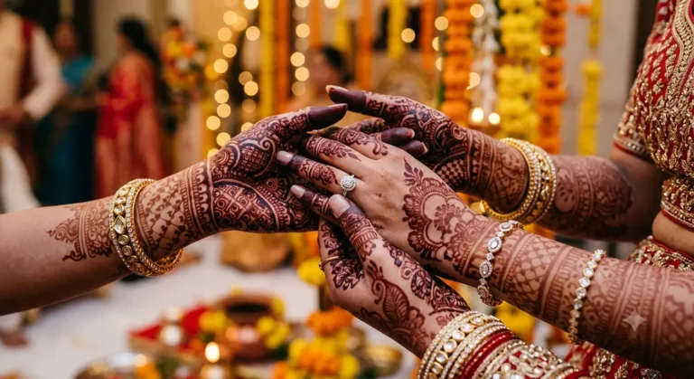 Indian bride's hands with intricate Arabic bridal mehndi and a diamond engagement ring